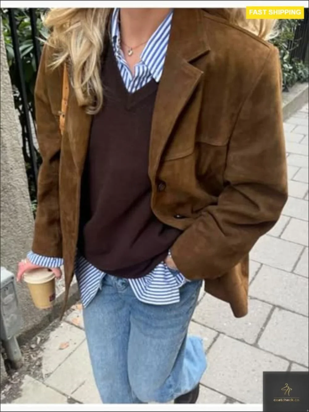 Oversized Suede Blazer Jacket Faux Leather Long Sleeve Trench Coat Work Casual